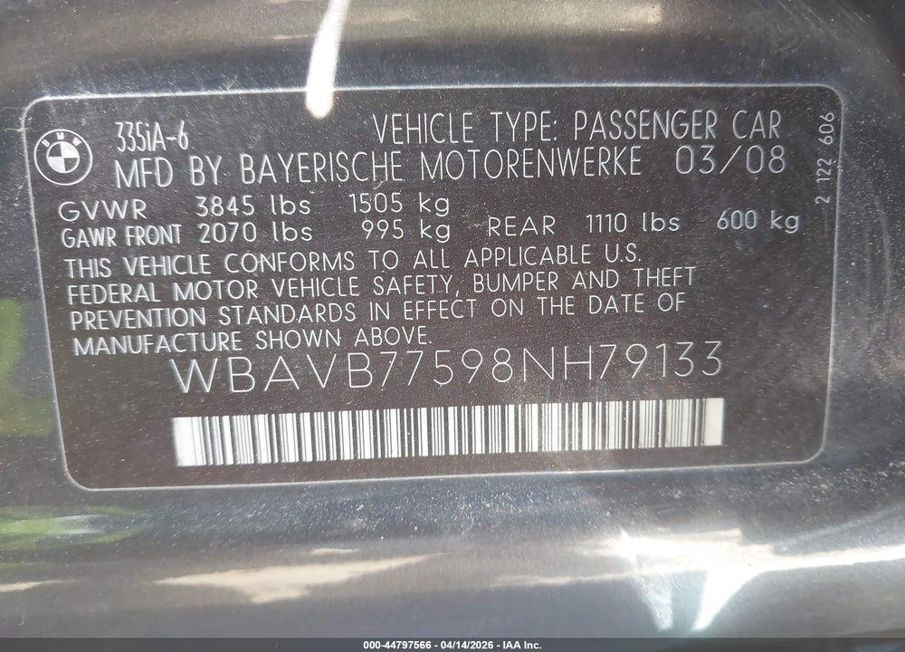 2008 BMW 335I VIN: WBAVB77598NH79133