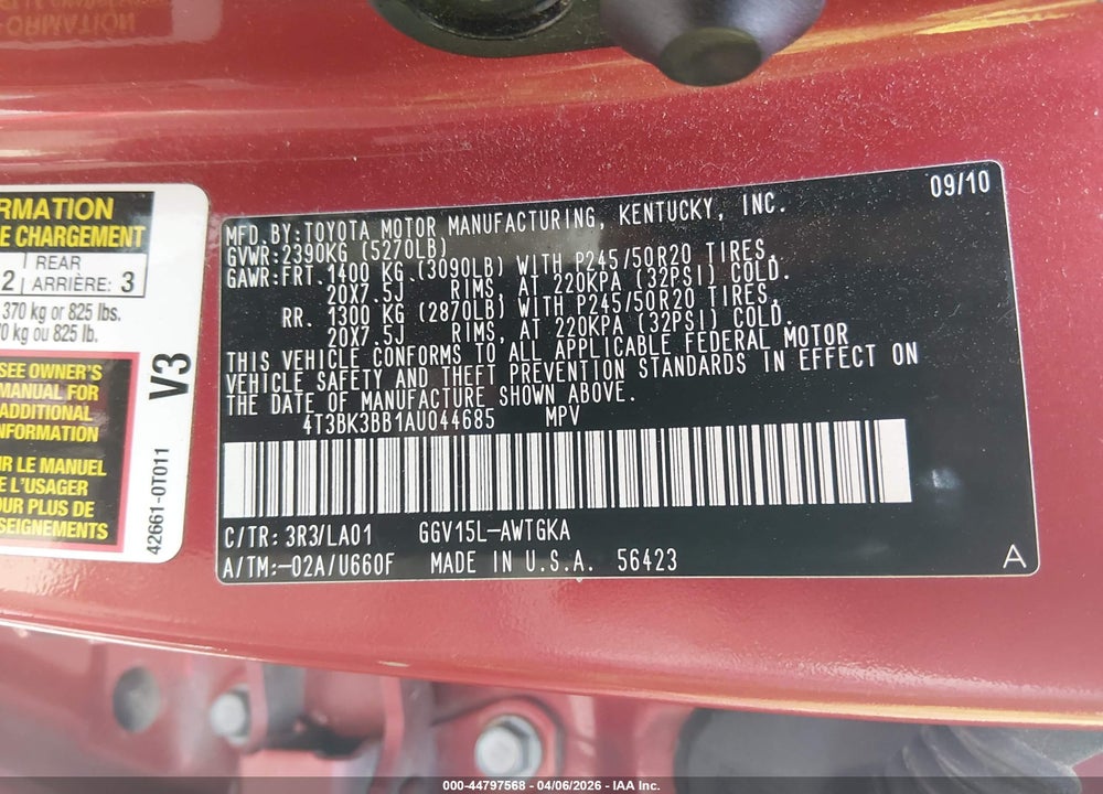 2010 TOYOTA VENZA BASE V6 VIN: 4T3BK3BB1AU044685