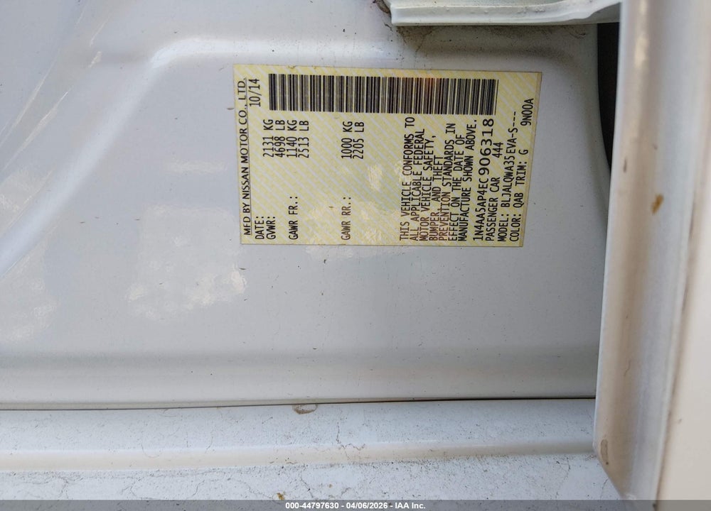 2014 NISSAN MAXIMA 3.5 S VIN: 1N4AA5AP4EC906318