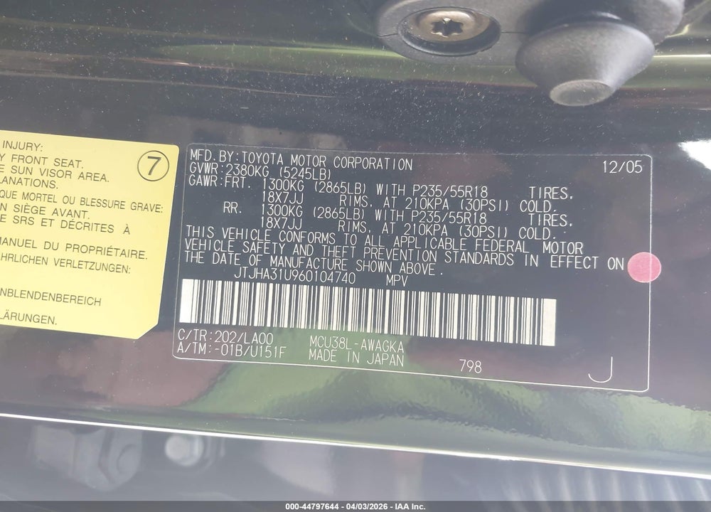 2006 LEXUS RX 330 VIN: JTJHA31U960104740