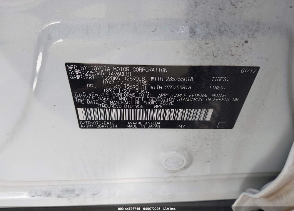 2017 TOYOTA RAV4 HYBRID LIMITED VIN: JTMDJREV6HD101958