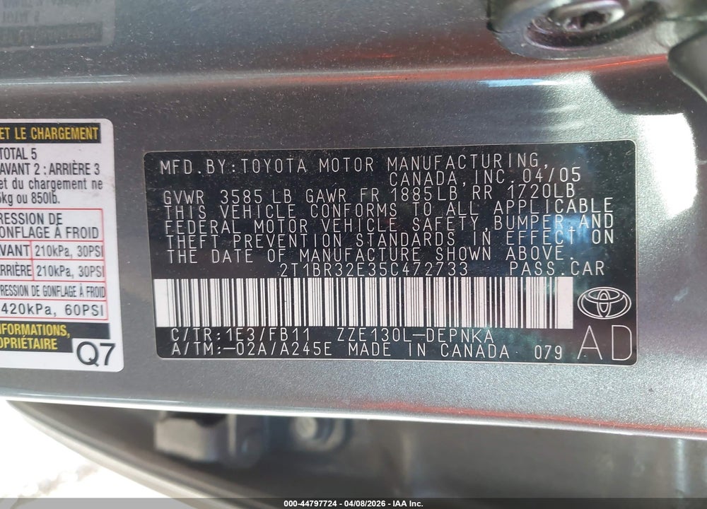 2005 TOYOTA COROLLA LE VIN: 2T1BR32E35C472733