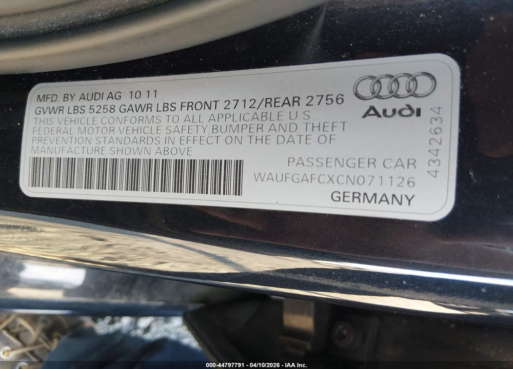 2012 AUDI A6 3.0 PREMIUM VIN: WAUFGAFCXCN071126