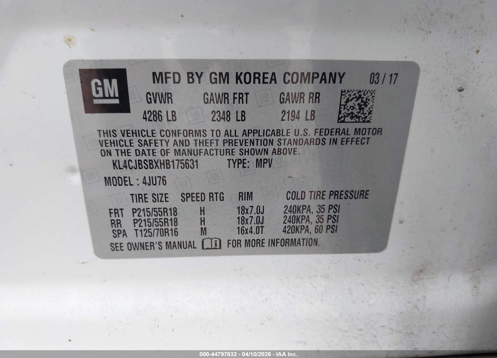 2017 BUICK ENCORE PREFERRED II VIN: KL4CJBSBXHB175631