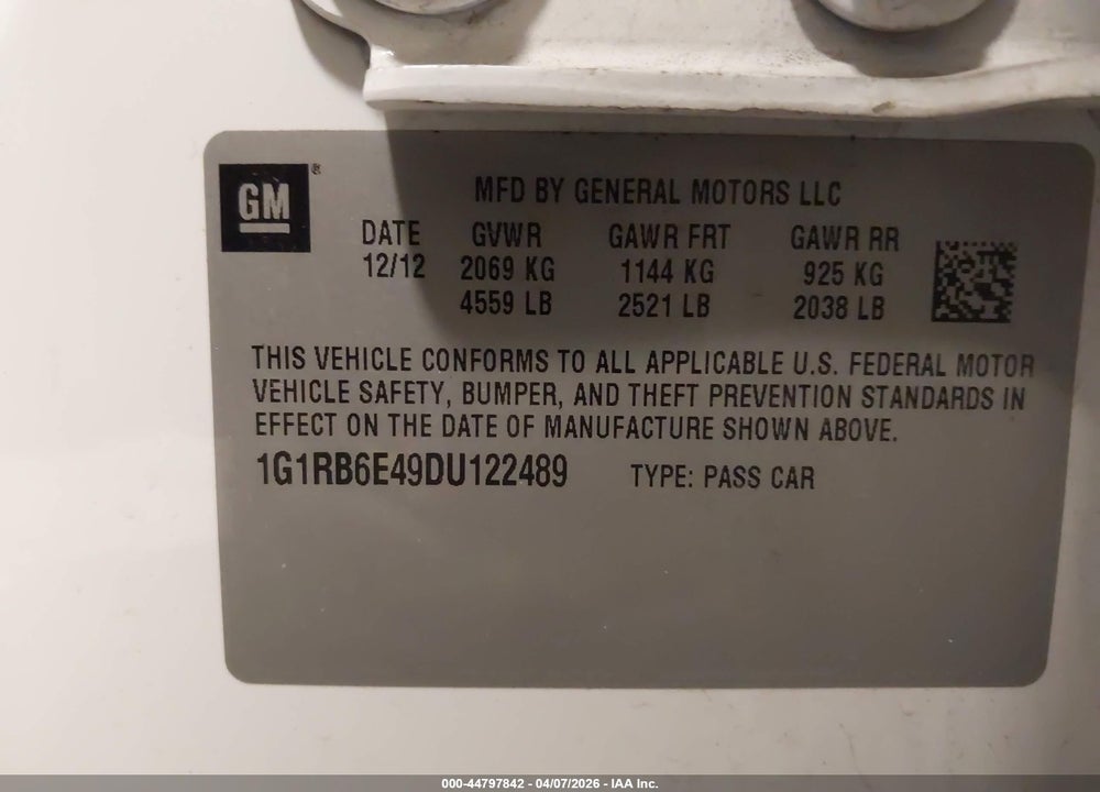 2013 CHEVROLET VOLT VIN: 1G1RB6E49DU122489