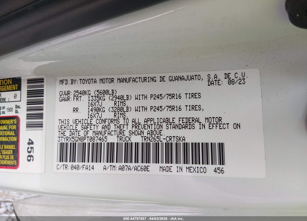 2023 TOYOTA TACOMA SR VIN: 3TYRX5GN8PT087465