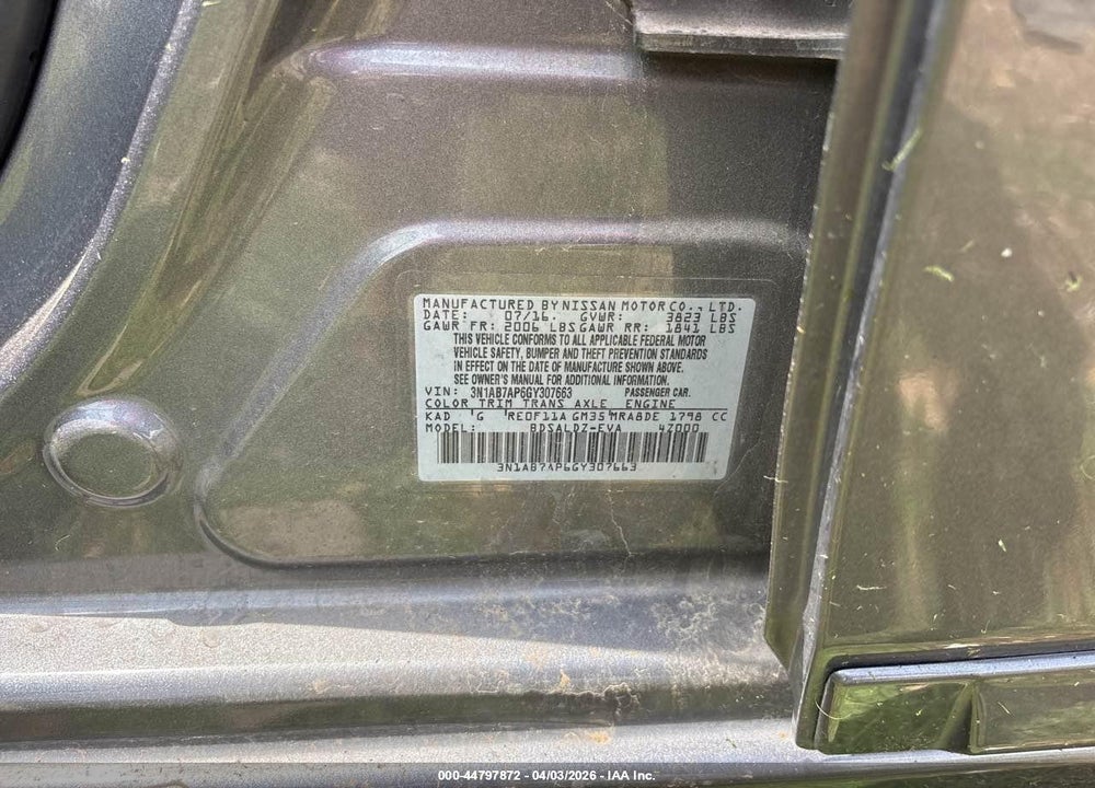 2016 NISSAN SENTRA SV VIN: 3N1AB7AP6GY307663