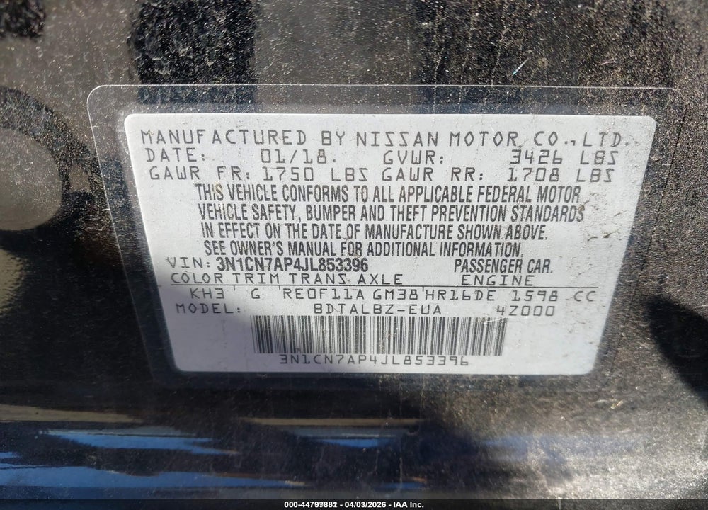 2018 NISSAN VERSA 1.6 SV VIN: 3N1CN7AP4JL853396
