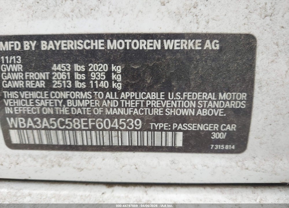 2014 BMW 328I VIN: WBA3A5C58EF604539