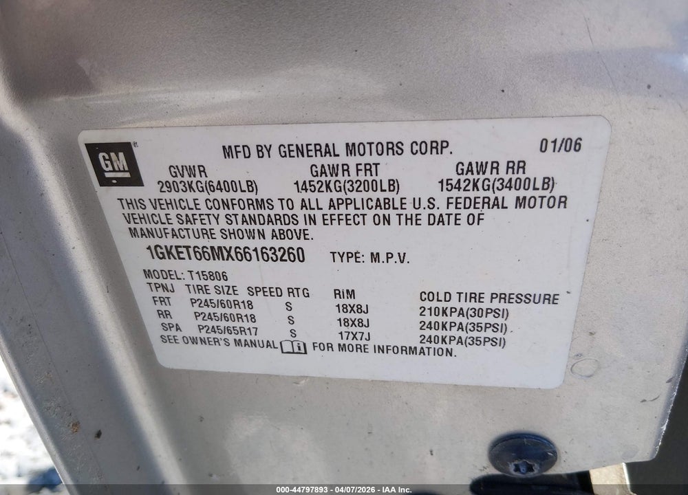 2006 GMC ENVOY XL DENALI VIN: 1GKET66MX66163260