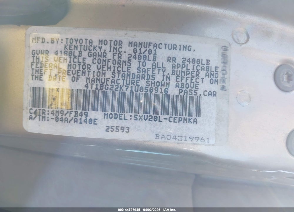 2001 TOYOTA CAMRY LE VIN: 4T1BG22K71U050916