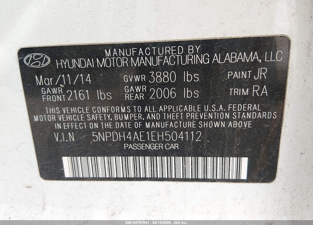 2014 HYUNDAI ELANTRA SE VIN: 5NPDH4AE1EH504112