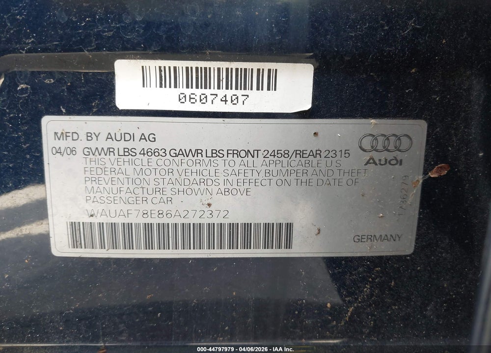 2006 AUDI A4 2.0T VIN: WAUAF78E86A272372