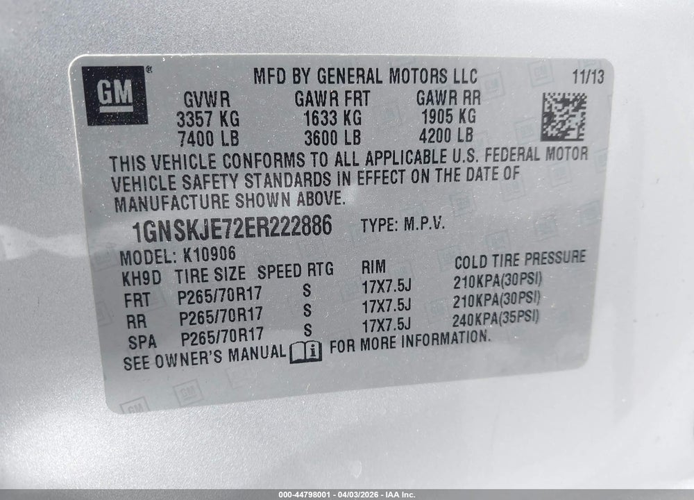 2014 CHEVROLET SUBURBAN 1500 LT VIN: 1GNSKJE72ER222886