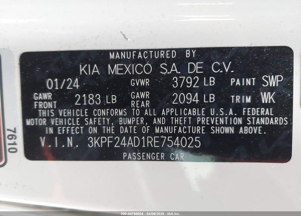 2024 KIA FORTE LXS VIN: 3KPF24AD1RE754025