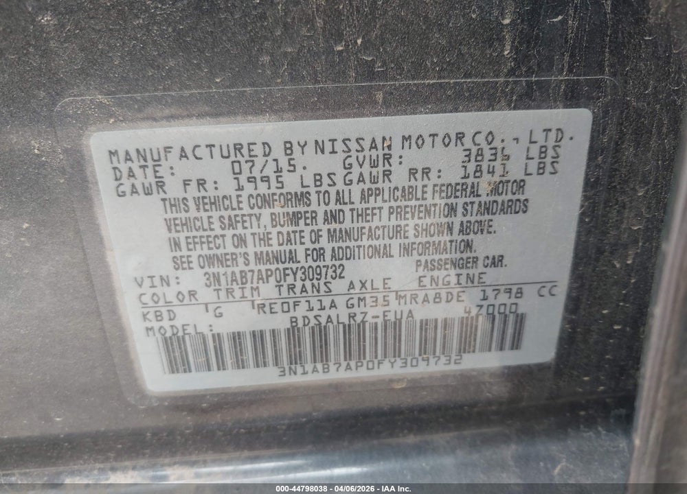 2015 NISSAN SENTRA SR VIN: 3N1AB7AP0FY309732