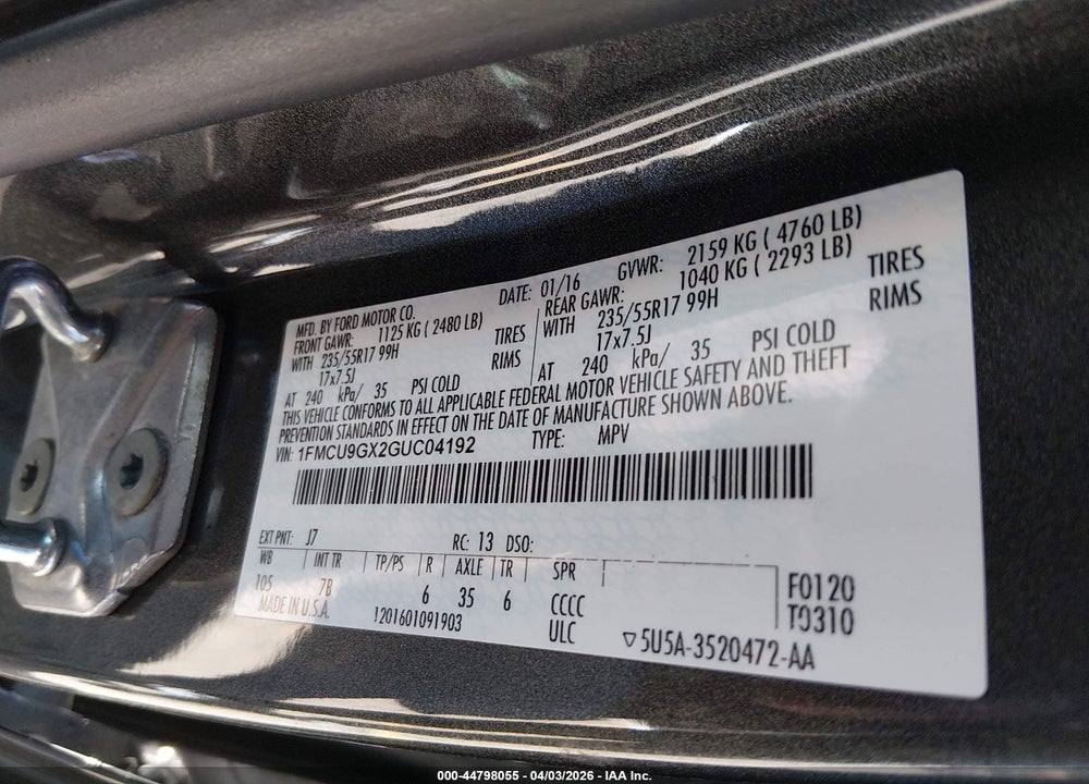 2016 FORD ESCAPE SE VIN: 1FMCU9GX2GUC04192