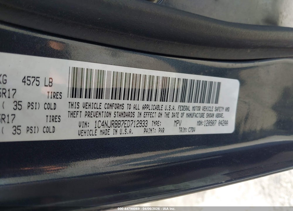 2014 JEEP PATRIOT SPORT VIN: 1C4NJRBB7ED712933