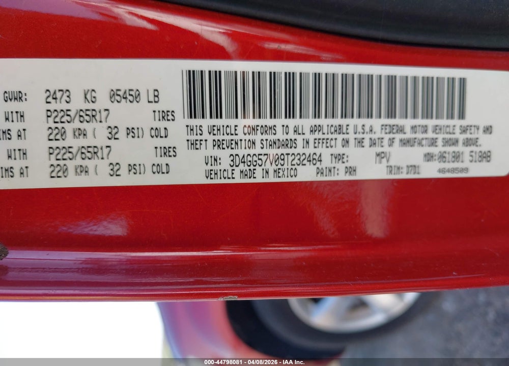 2009 DODGE JOURNEY SXT VIN: 3D4GG57V09T232464