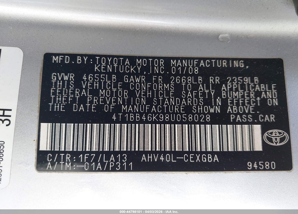 2008 TOYOTA CAMRY HYBRID VIN: 4T1BB46K98U058028