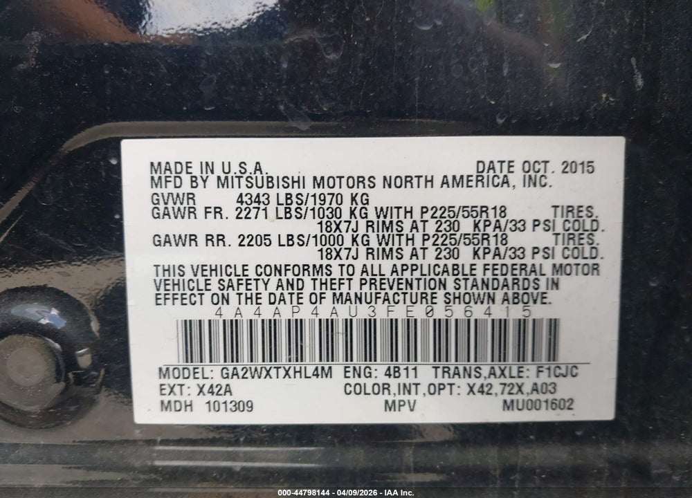 2015 MITSUBISHI OUTLANDER SPORT SE VIN: 4A4AP4AU3FE056415