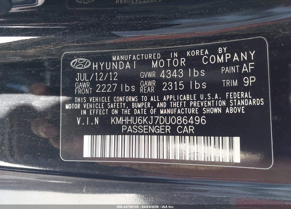 2013 HYUNDAI GENESIS 3.8 R-SPEC VIN: KMHHU6KJ7DU086496