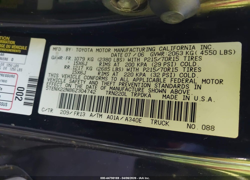 2006 TOYOTA TACOMA VIN: 5TENX22N86Z304742
