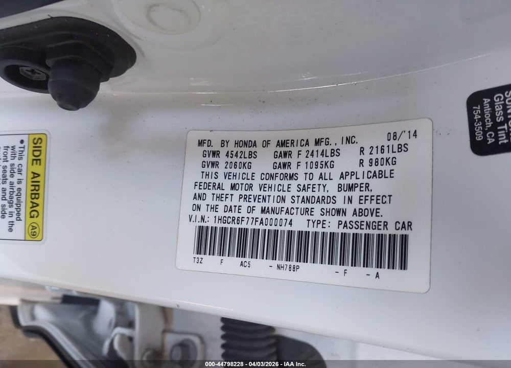 2015 HONDA ACCORD HYBRID TOURING VIN: 1HGCR6F77FA000074