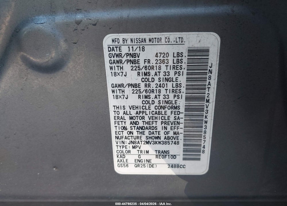 2019 NISSAN ROGUE SV VIN: JN8AT2MV3KW385748