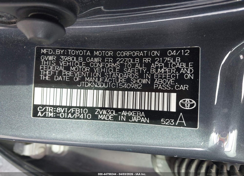 2012 TOYOTA PRIUS TWO VIN: JTDKN3DU1C1540982