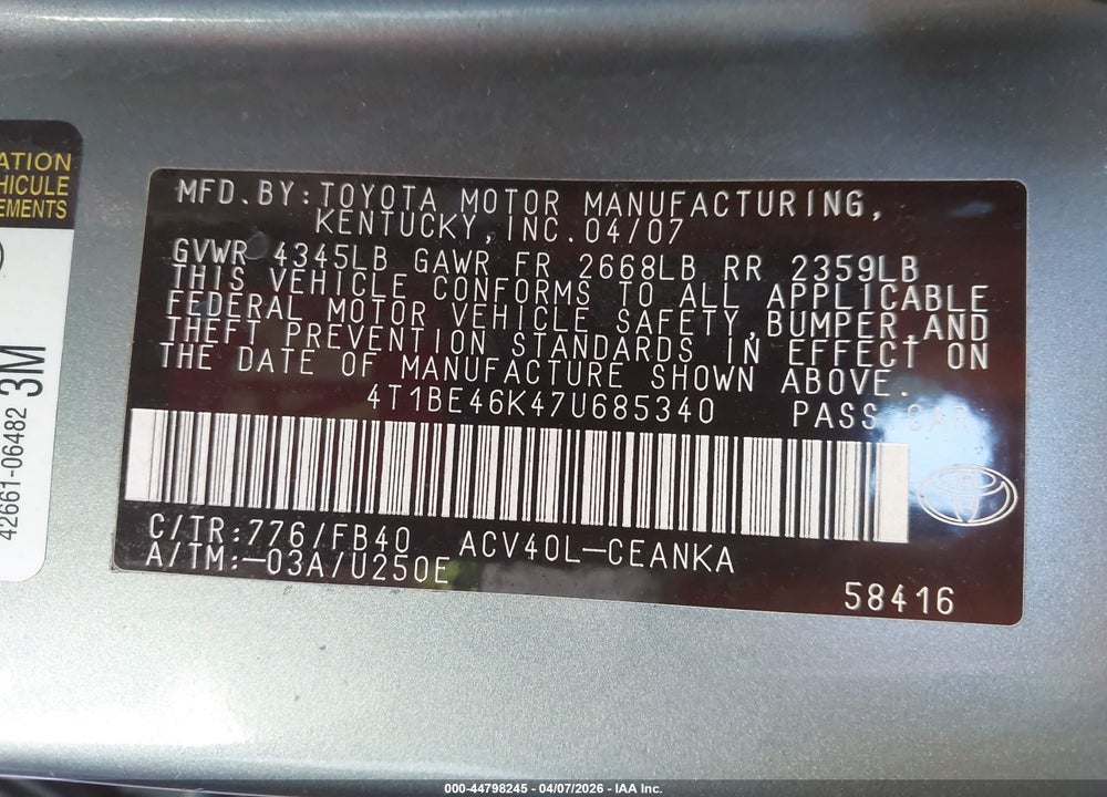 2007 TOYOTA CAMRY LE VIN: 4T1BE46K47U685340