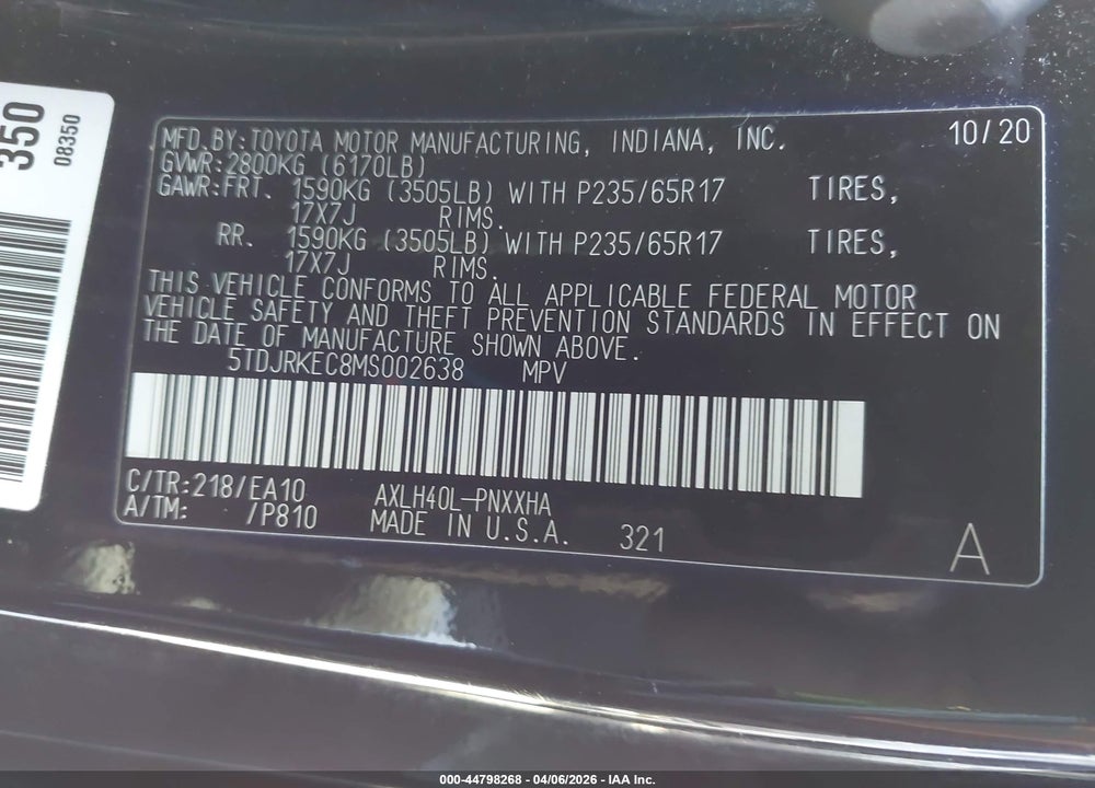 2021 TOYOTA SIENNA VIN: 5TDJRKEC8MS002638