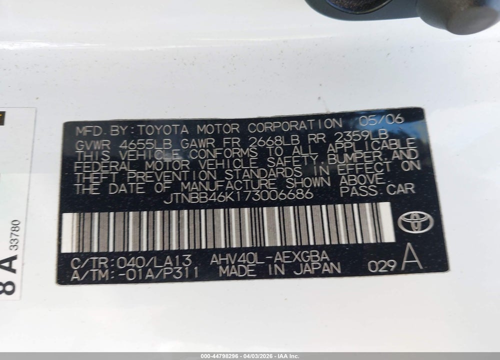 2007 TOYOTA CAMRY HYBRID VIN: JTNBB46K173006686