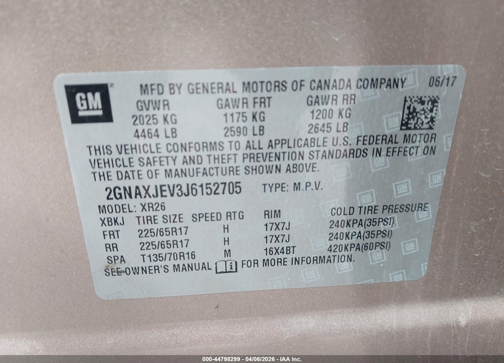 2018 CHEVROLET EQUINOX LT VIN: 2GNAXJEV3J6152705