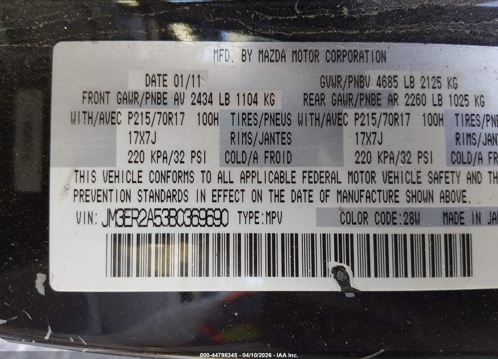 2011 MAZDA CX-7 I SV VIN: JM3ER2A53B0369690