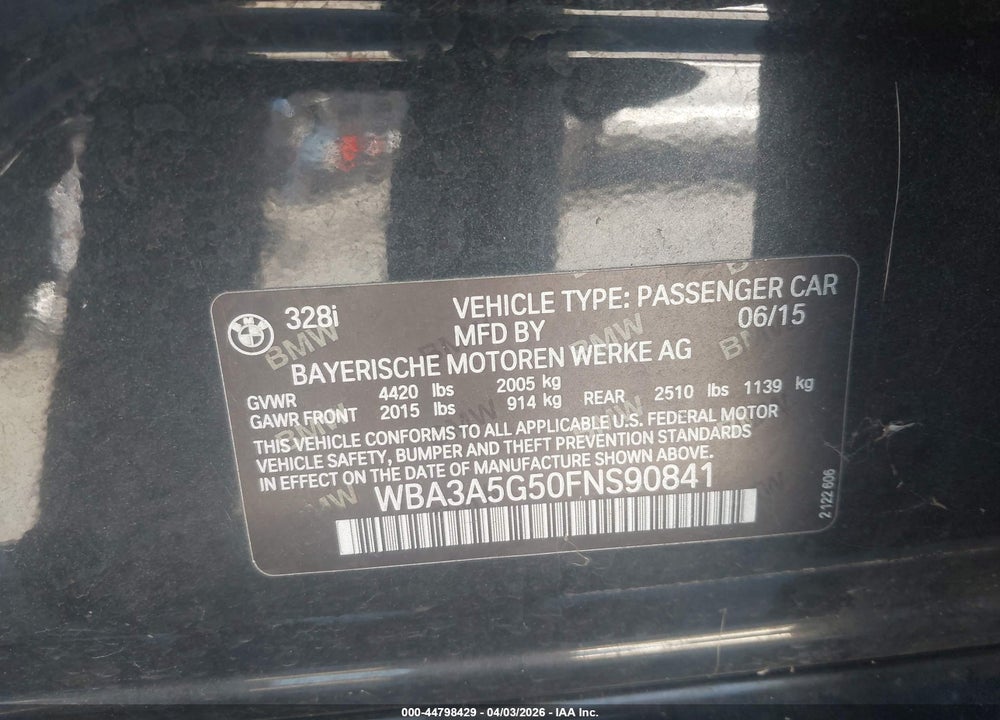 2015 BMW 328I VIN: WBA3A5G50FNS90841
