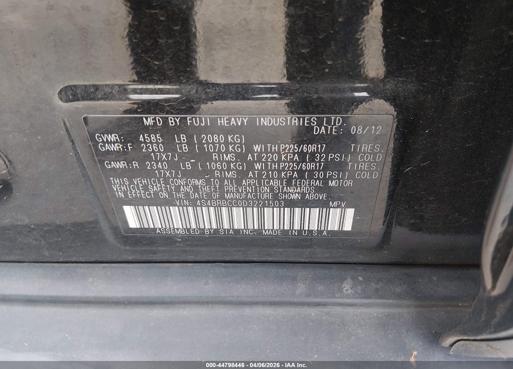 2013 SUBARU OUTBACK 2.5I PREMIUM VIN: 4S4BRBCC0D3221503