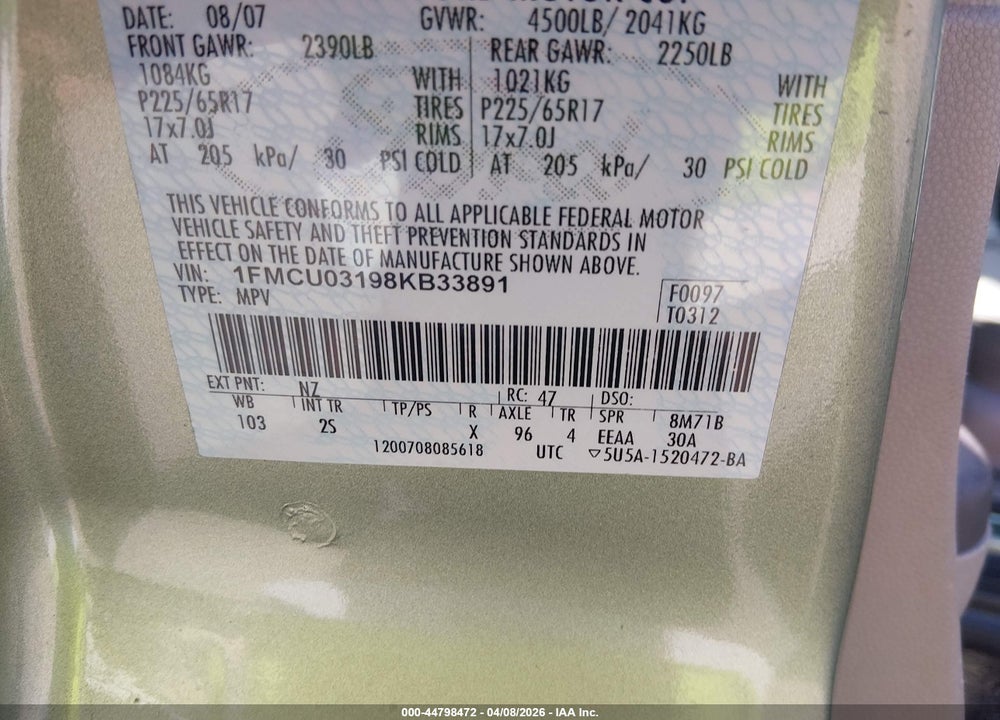 2008 FORD ESCAPE XLT VIN: 1FMCU03198KB33891