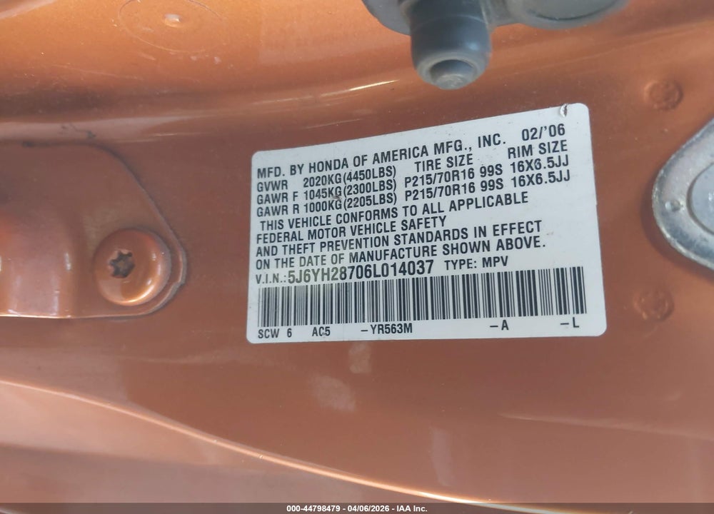 2006 HONDA ELEMENT EX-P VIN: 5J6YH28706L014037