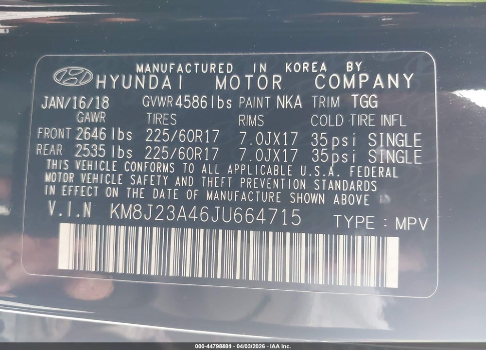 2018 HYUNDAI TUCSON SE VIN: KM8J23A46JU664715