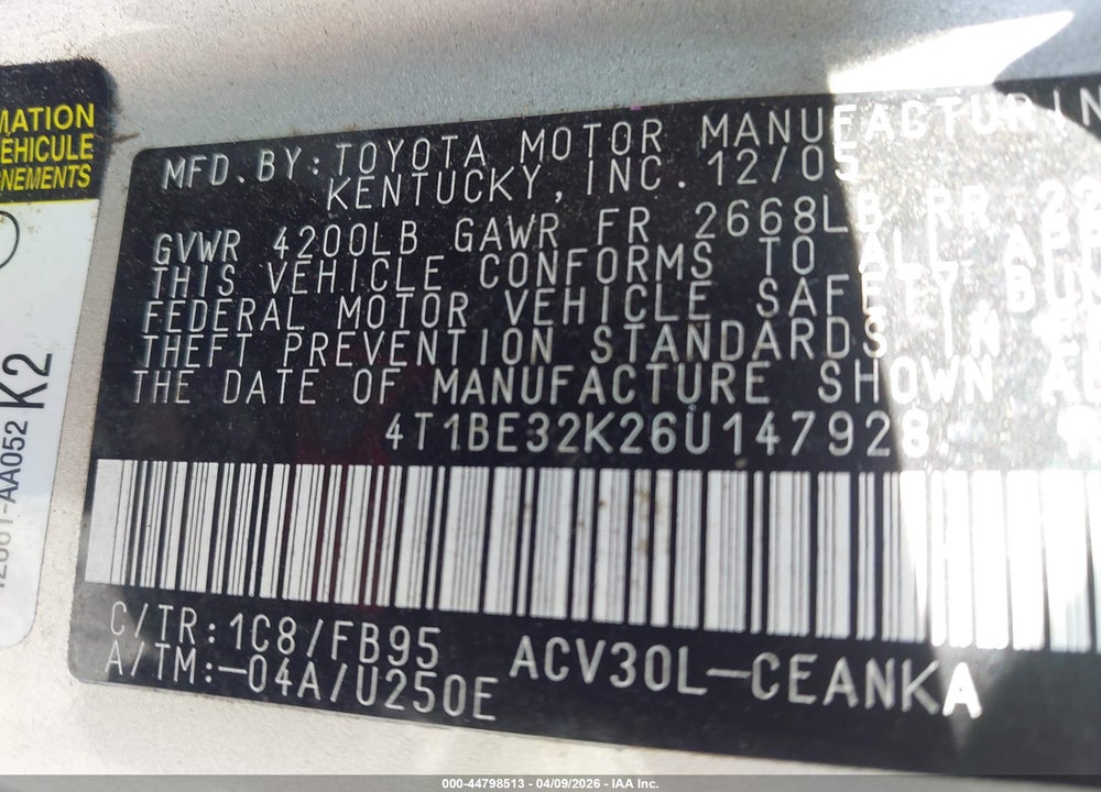 2006 TOYOTA CAMRY LE VIN: 4T1BE32K26U147928