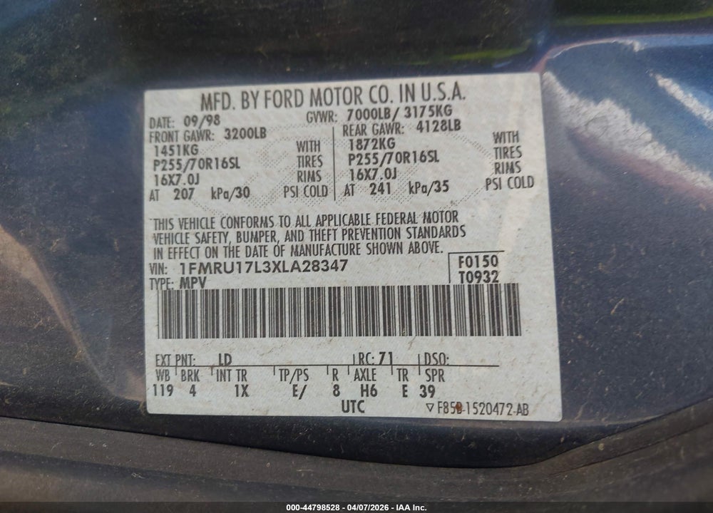 1999 FORD EXPEDITION EDDIE BAUER/XLT VIN: 1FMRU17L3XLA28347