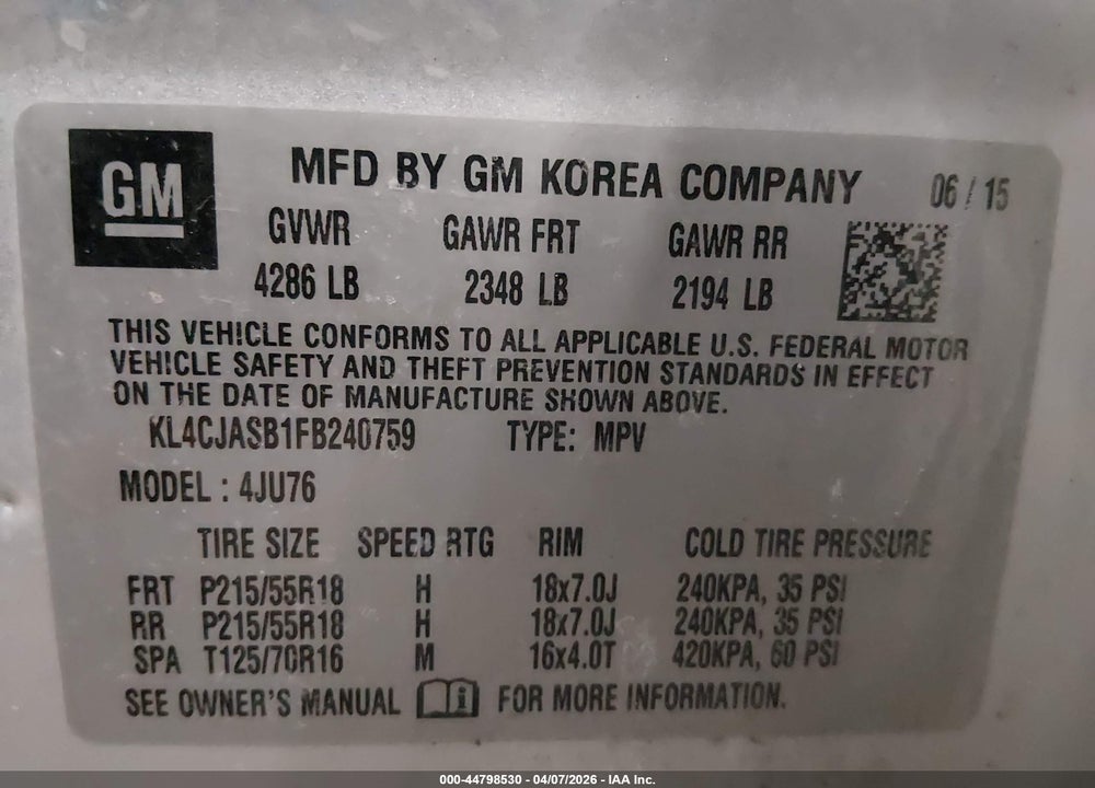 2015 BUICK ENCORE VIN: KL4CJASB1FB240759