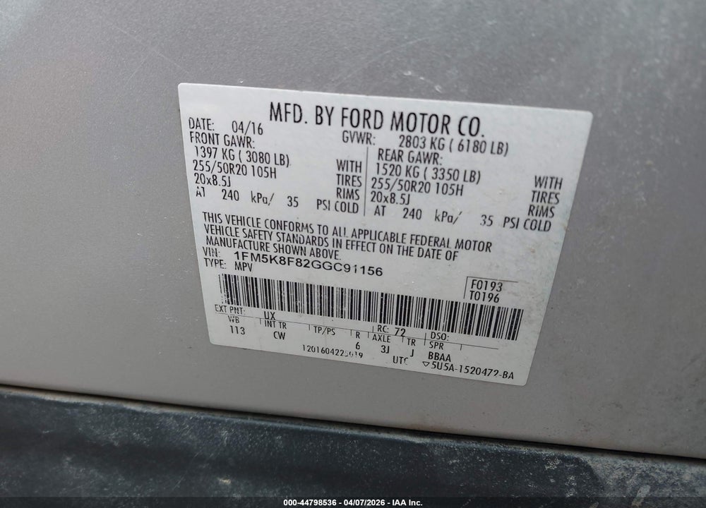 2016 FORD EXPLORER LIMITED VIN: 1FM5K8F82GGC91156