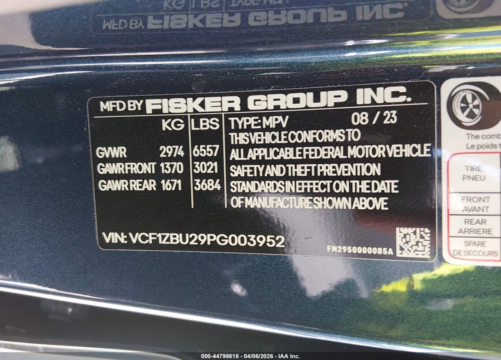 2023 FISKER OCEAN ONE VIN: VCF1ZBU29PG003952