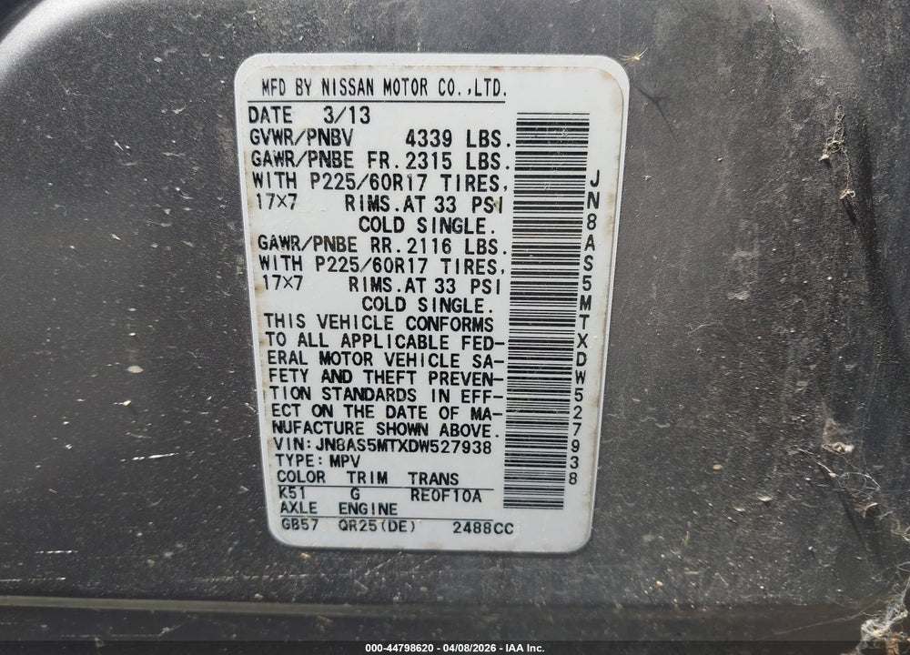 2013 NISSAN ROGUE SV VIN: JN8AS5MTXDW527938