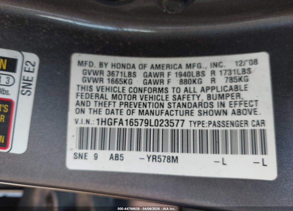 2009 HONDA CIVIC LX VIN: 1HGFA16579L023577