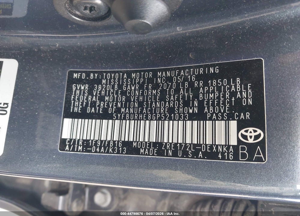 2016 TOYOTA COROLLA L VIN: 5YFBURHE8GP521033