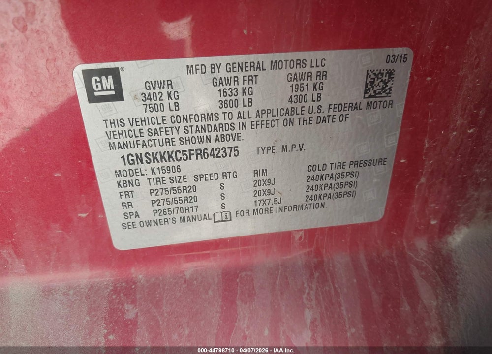 2015 CHEVROLET SUBURBAN 1500 LTZ VIN: 1GNSKKKC5FR642375