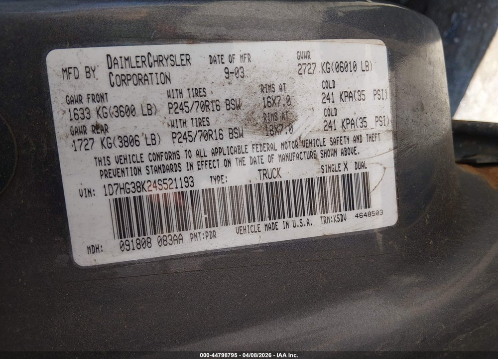 2004 DODGE DAKOTA SPORT/SXT VIN: 1D7HG38K24S521193